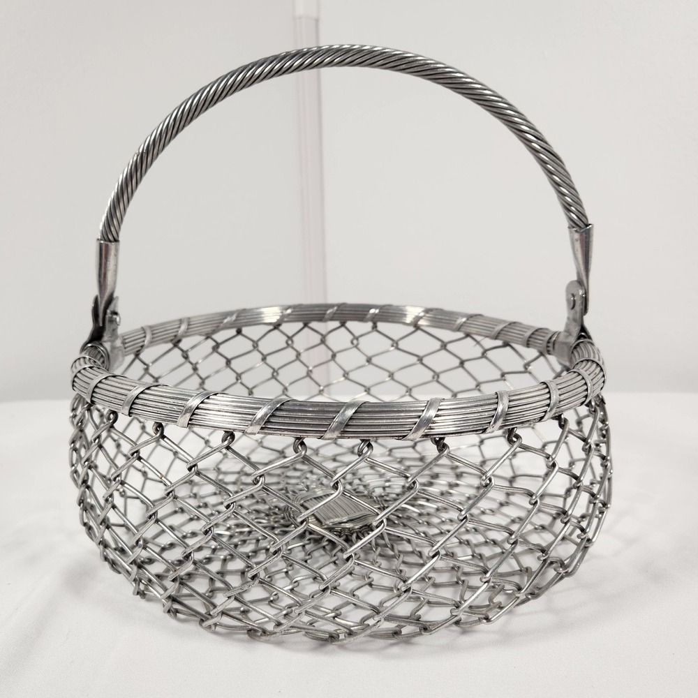 VTG Industrial Metal Wire Round Woven Basket 10" X 4" with Folding Handle